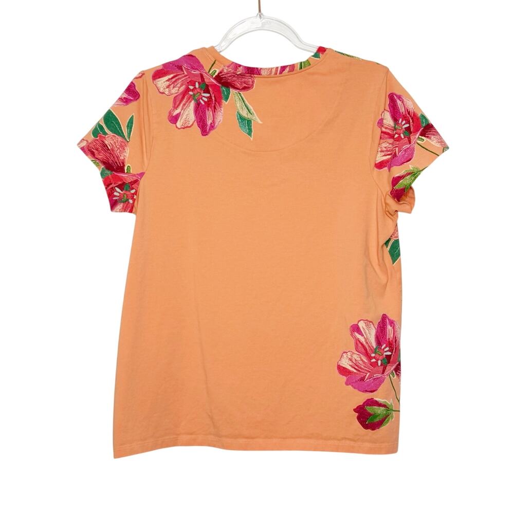 CHICO’S Floral Cap Sleeve Tee Crew Neck Classic Fit Orange Multi Womens Size L - Picture 4 of 8
